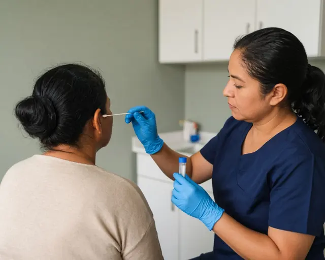 Nurse taking an ear sample from a patient with a swab