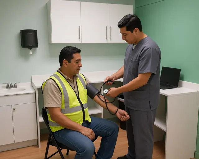 Trabajador con chaleco reflectante se mide la presión arterial