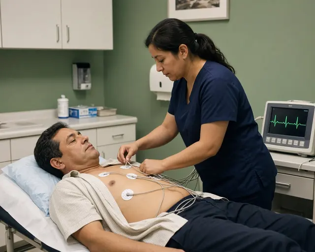 Enfermera coloca los electrodos de un electrocardiograma en el pecho de un paciente