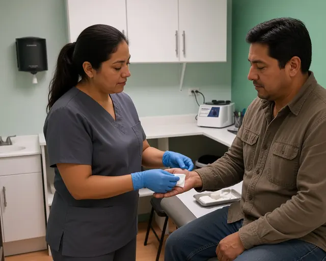 Enfermera con guantes atiende la mano lastimada de un paciente en el consultorio
